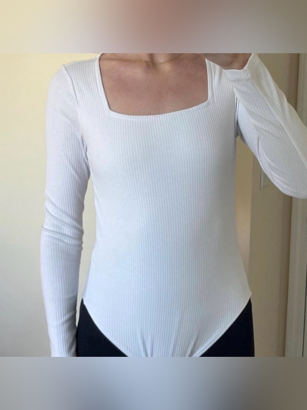 White Ribbed Square-Neck Long-Sleeve Bodysuit